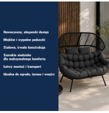 FOTEL OGRODOWY RATTANOWY CZARNY Z PODUSZKĄ DWUOSOBOWY NA TARAS BALKON OGRÓD