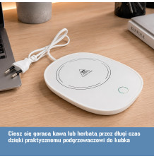 Biały kubek z podgrzewaczem, pokrywką i łyżeczką 350 ml – zestaw prezentowy z podstawką elektryczną