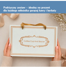 Biały kubek z podgrzewaczem, pokrywką i łyżeczką 350 ml – zestaw prezentowy z podstawką elektryczną
