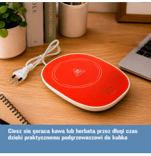Czerwony kubek z podgrzewaczem, pokrywką i łyżeczką 350 ml – zestaw prezentowy z podstawką elektryczną
