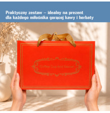 Czerwony kubek z podgrzewaczem, pokrywką i łyżeczką 350 ml – zestaw prezentowy z podstawką elektryczną