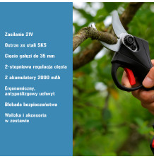 Sekator akumulatorowy elektryczny 21V 2x bateria walizka cięcie gałęzi 35mm