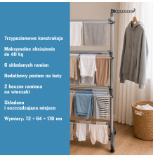 Suszarka na pranie ubrania stojąca trzypoziomowa składana duża mobilna pionowa