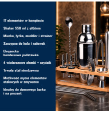 Zestaw barmański 17 elementów shaker stojak duży profesjonalny domowy do napojów drinków