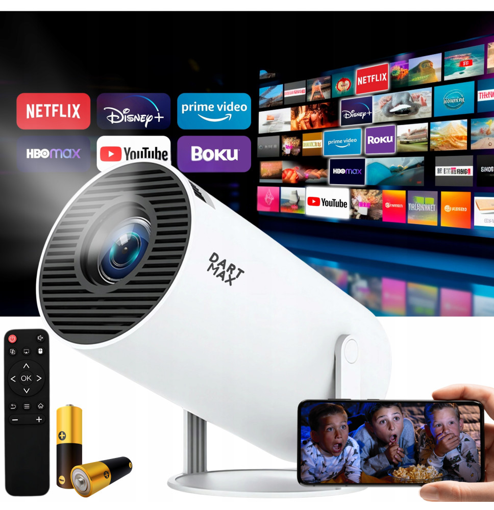 BIAŁY PROJEKTOR LED 4K ANDROID 11.0 WIFI HDMI USB CZTERORDZENIOWY PROCESOR