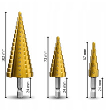 3x WIERTŁA STOŻKOWE STOPNIOWE DO METALU DREWNA PLASTIKU BLACH ZESTAW 4-32mm