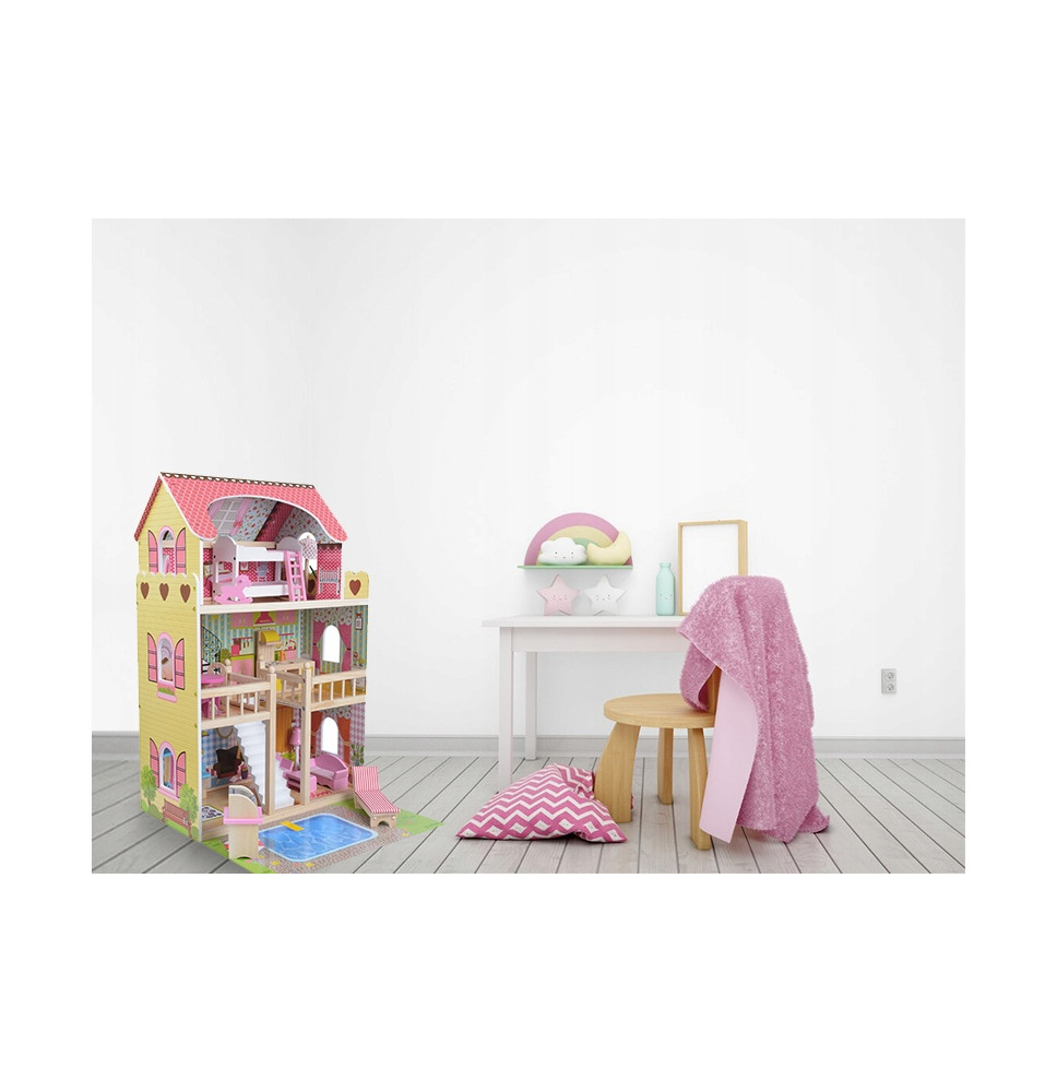 Domek dla lalek drewniany XXL 70 cm z mebelkami, basenem i LED