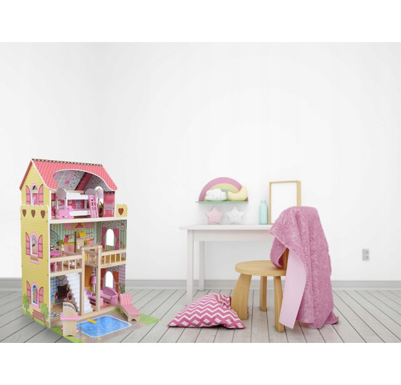 Domek dla lalek drewniany XXL 70 cm z mebelkami, basenem i LED