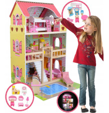 Domek dla lalek drewniany XXL 70 cm z mebelkami, basenem i LED
