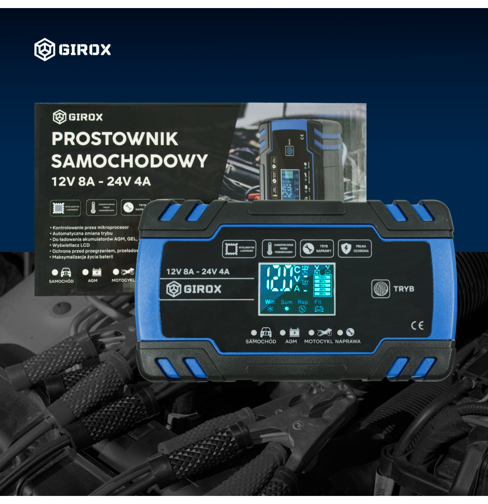 Prostownik automatyczny funkcja naprawy do akumulatorów 8A 12V 24V LCD