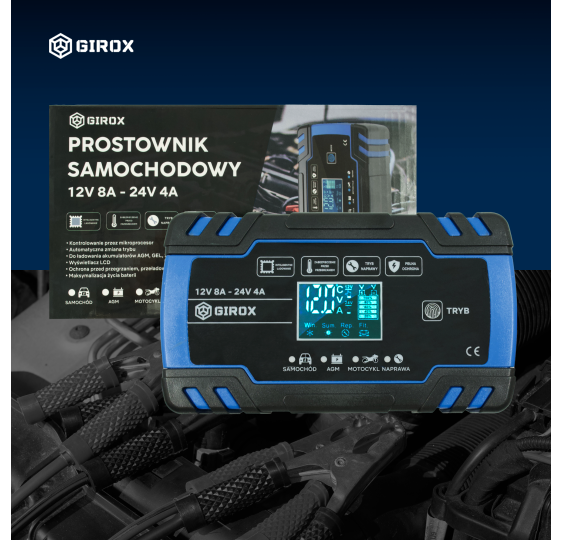 Prostownik automatyczny funkcja naprawy do akumulatorów 8A 12V 24V LCD