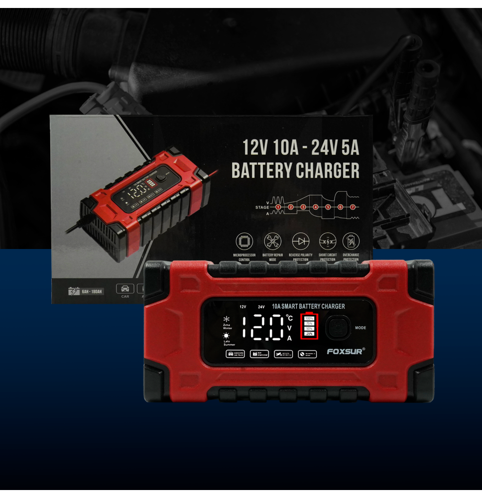 Automatyczny prostownik akumulatorowy LCD 12V/24V – 10A