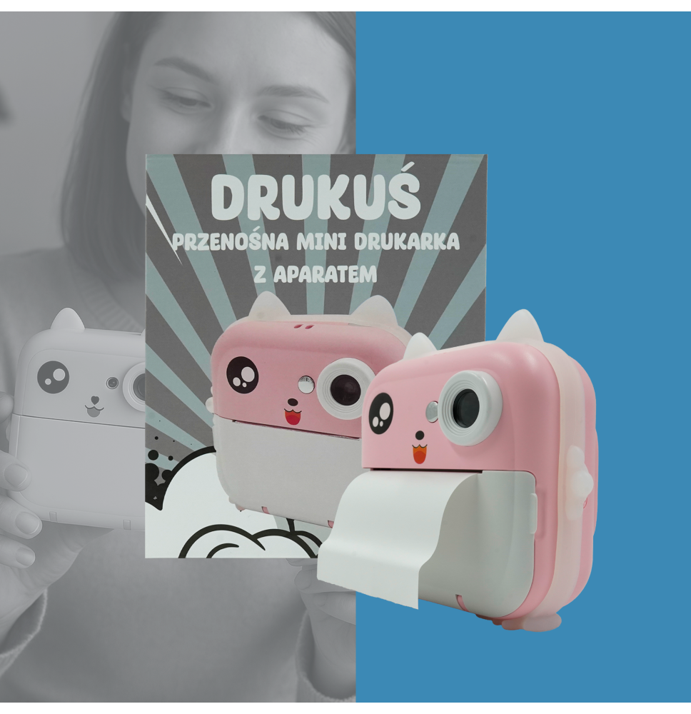 Drukuś 2.0 różowy + 3 rolki – mini drukarka termiczna z aparatem i kamer