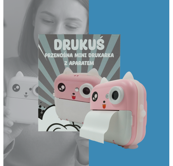 Drukuś 2.0 różowy + 3 rolki – mini drukarka termiczna z aparatem i kamer