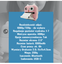 Drukuś 2.0 różowy + 3 rolki – mini drukarka termiczna z aparatem i kamer