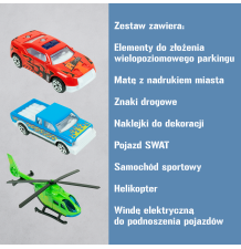 Parking z windą elektryczną i matą – garaż dla dzieci z autkami i helikopterem