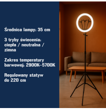 Lampa pierścieniowa LED Ring 35 cm 100W ze statywem 210 cm i 3 barwami