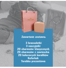 Zestaw do tworzenia biżuterii charms 66 elementów – bransoletki, naszyjniki, koraliki + kuferek i torba prezentowa