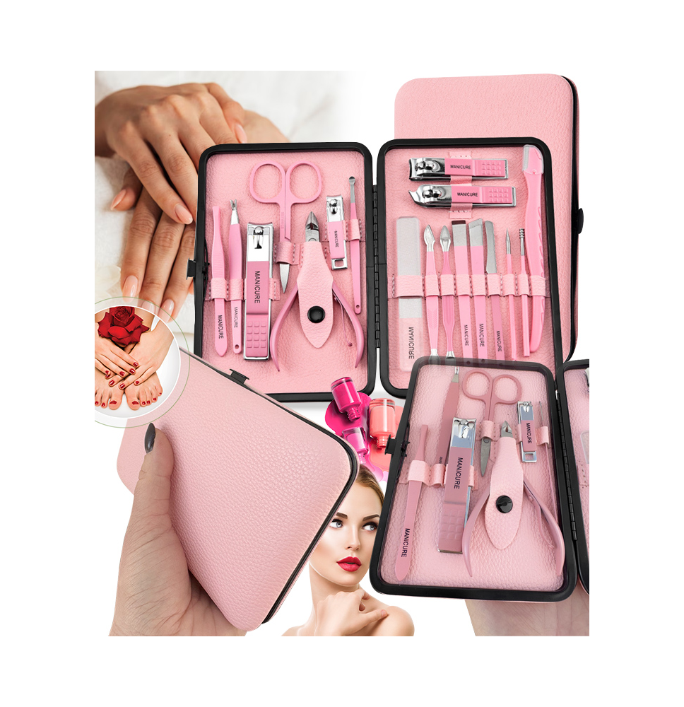 Zestaw do manicure 18 elementów różowy elegancki przenośny obcinacz do paznokci nożyczki skóra