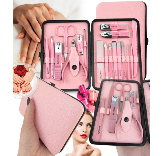 Zestaw do manicure 18 elementów różowy elegancki przenośny obcinacz do paznokci nożyczki skóra