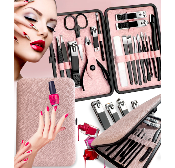 Zestaw do manicure 18 elementów czarny elegancki przenośny obcinacz do paznokci nożyczki skóra