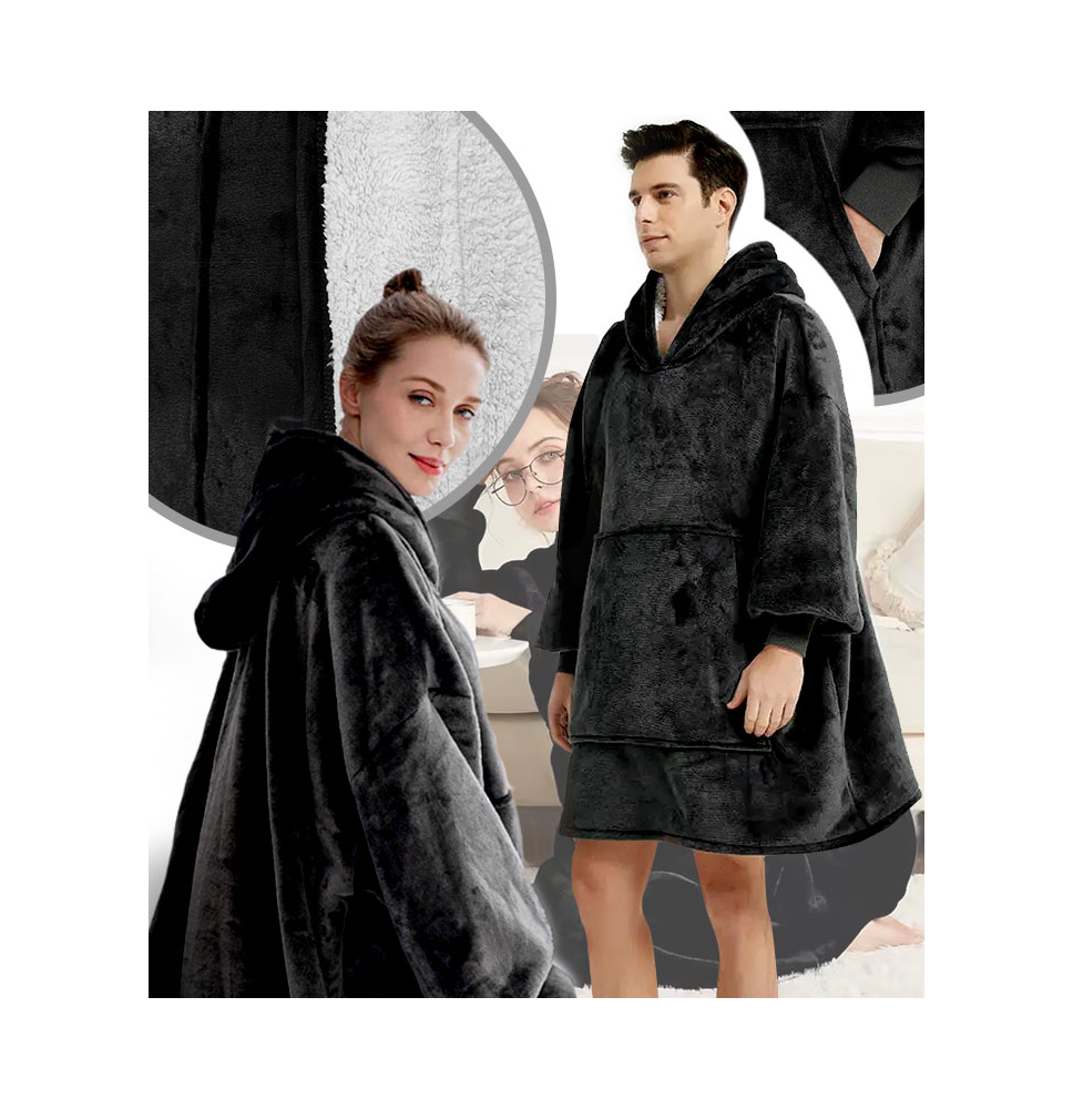 Bluzokoc czarny ponczo bluza z kapturem kieszeń kangur polar oversize 100% poliester dla młodzieży dorosłych