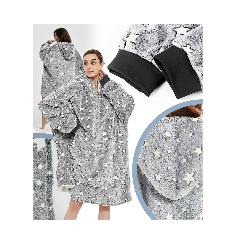 Bluzokoc szary ponczo bluza z kapturem kieszeń kangur polar w gwiazdki oversize 100% poliester dla młodzieży dorosłych