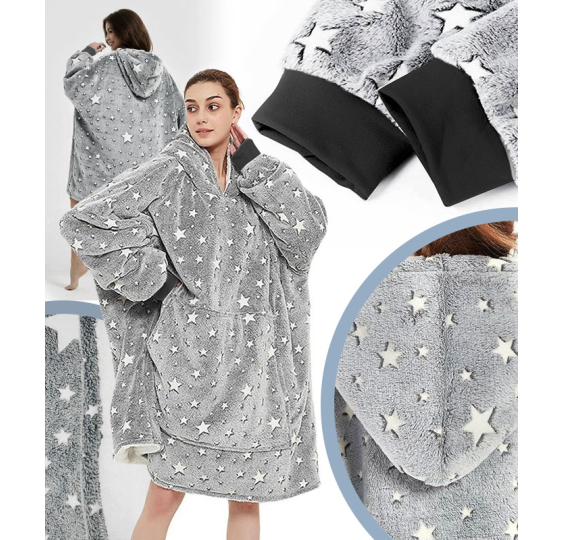 Bluzokoc szary ponczo bluza z kapturem kieszeń kangur polar w gwiazdki oversize 100% poliester dla młodzieży dorosłych