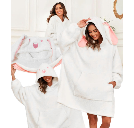 Bluzokoc biały z uszami ponczo bluza z kapturem królik kieszeń kangur polar oversize 100% poliester dla młodzieży dorosłych
