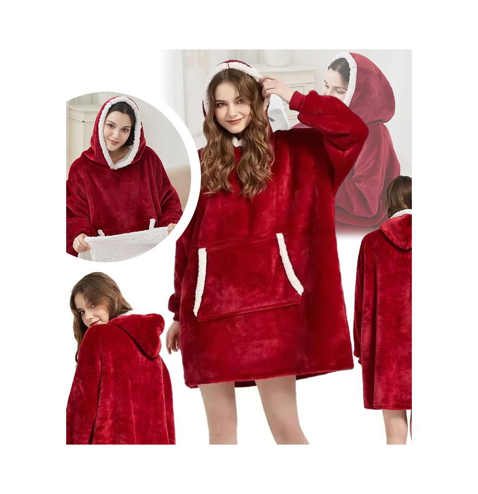 Bluzokoc czerwony ponczo bluza z kapturem kieszeń kangur polar oversize 100% poliester dla młodzieży dorosłych