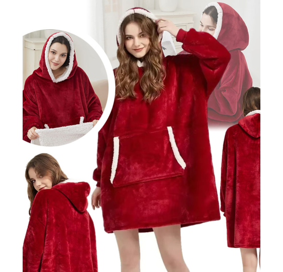 Bluzokoc czerwony ponczo bluza z kapturem kieszeń kangur polar oversize 100% poliester dla młodzieży dorosłych