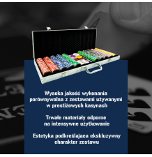 Zestaw premium do gry w pokera 500 szt żetonów 2 talie kart + kostki + walizka
