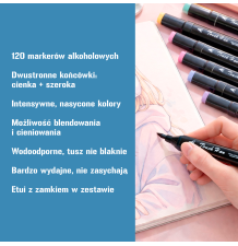 Dwustronne markery alkoholowe 120 sztuk z etui – profesjonalny zestaw kolorowych pisaków