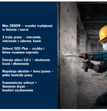 Udarowy młotowiertarka 2600W SDS-Plus z trybami pracy, wiertłami i dłutami