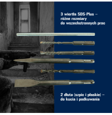 Udarowy młotowiertarka 2600W SDS-Plus z trybami pracy, wiertłami i dłutami