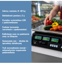 Waga sklepowa 40kg / 2g elektroniczna gastronomiczna wyświetlacz LCD