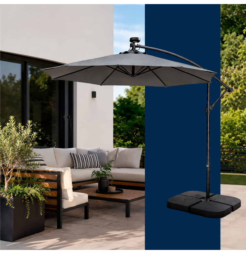 PARASOL OGRODOWY TARASOWY Z LAMPKAMI LED SZARY 300 CM DUŻY SOLIDY SKŁADANY