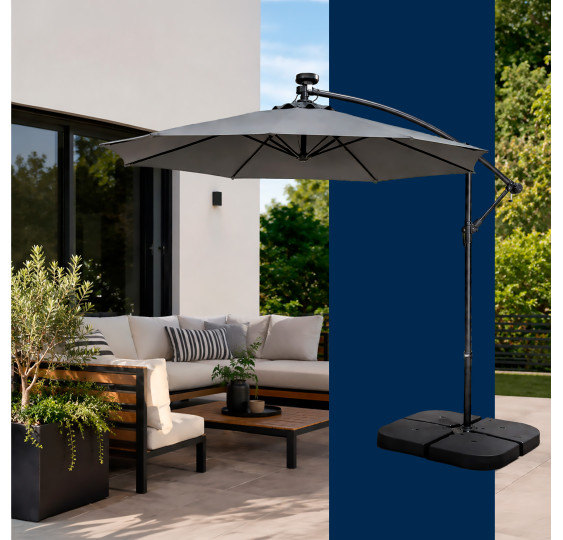 PARASOL OGRODOWY TARASOWY Z LAMPKAMI LED SZARY 300 CM DUŻY SOLIDY SKŁADANY